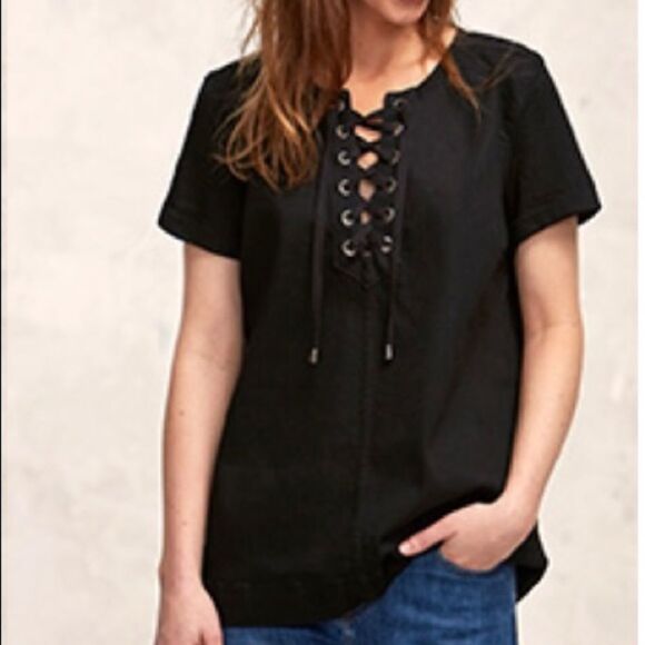 Sézane Gigi‎ Black Denim Lace Up Top 36 US 4 Small - Picture 1 of 5